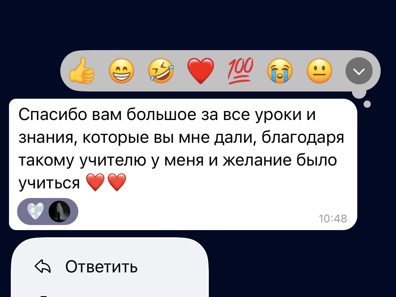 Благодарность ученика за уроки и полученные знания